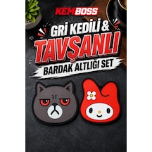 Kemboss Gri Kedili Ve Tavşanlı Silikon Bardak Altlığı Seti 4'lü Kaymaz Isıya Dayanıklı Masa Koruyucu Çok Renkli