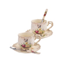 2'li Çay Fincanı Ve Tabağı Seti, 226 Ml Çiçekli Çalılar Fildişi Seramik Kahve Fincanı Süslü Çiçekli Porselen Çay Fincanı Seti Fincan Tabağı Ve Kaşıklı Çok Renkli