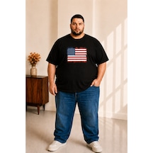 Sngl Tekstil Erkek Büyük Beden Kısa Kollu Amerika Bayrak Baskılı Tişört 3xl 4xl 5xl 6xl 7xl 8xl 9xl Siyah