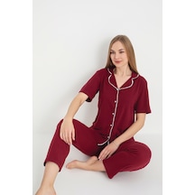 Bordo Renk Biyeli Pamuklu Kısa Kol Pijama Takımı Bordo