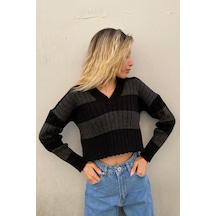 Madmext Antrasit V Yaka Çizgili Crop Kadın Kazak Mg1441 - Antrasit