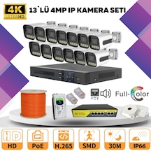 13'lü Güvenlik Ip Kamera Seti - 4mp Dış Mekan Kamera, 3.6mm Lens, H.265, Poe, Warm Led Gece Görüşlü