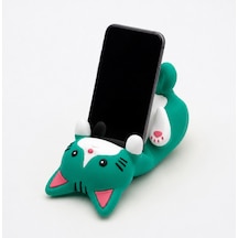 Yeşil Kedi Figürlü Telefon Tutucu Stand - 3d Baskı Ofis Masaüstü Aksesuarı Ve Biblo