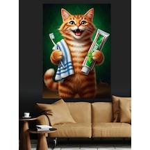 Ahşap Tablo Diş Fırçası Tutan Kedi