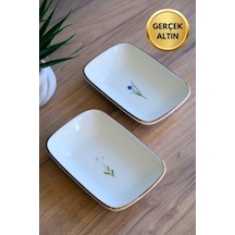 Tabak Evi Porselen Natura Karma Altın Yaldızlı Dikdörtgen Kayık Tabak 14x9,8cm 2 Parça Çok Renkli