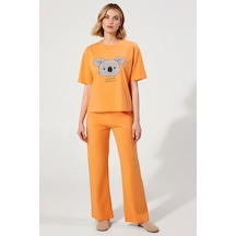 Benerly Kadın Bisiklet Yaka Standart Kol Regular Kalıp Pijama Takımı Fonk turuncu