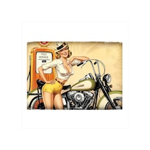 Retro Motorlu Kadın Tasarım Ahşap Tablo