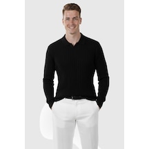 Rizzup Erkek Siyah Polo Yaka Fitilli Triko Kazak %100 Pamuk, Esnek Dokulu, Modern Kalıp 2605306