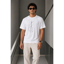 Ertaştrendstore Erkek Minimal Gitar Baskılı Tişört T-shirt Yazlık Kısa Kol Bisiklet Yaka T-shirt - Beyaz Çok Renk