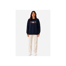 Herkesemoda Rose Baskı Detaylı Şardonlu 2 İplik Bisiklet Yaka Sweatshirt Lacivert