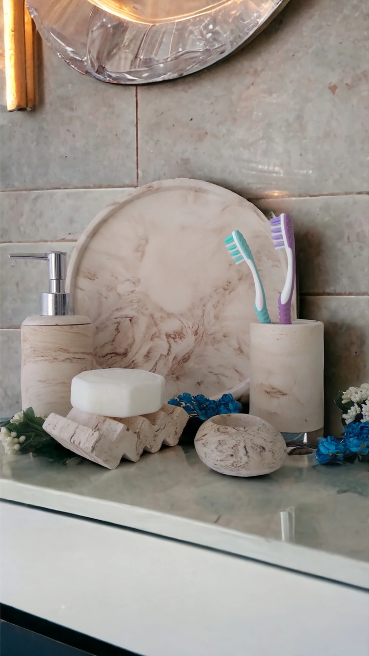 Marble Bej Serisi Banyo Seti, Sıvı Sabunluk Diş Fırçalığı Beton Aksesuar Takımı Bej