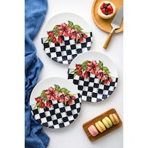 Grandora Siyah Beyaz Dama Ve Çiçek Desenli 6 Adet, 20 Cm Modern Pasta Tatlı Tabağı Seti Siyah-beyaz