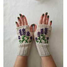Newdaycraft Parmaksız El Örgü Eldiven - Bej / Lavanta