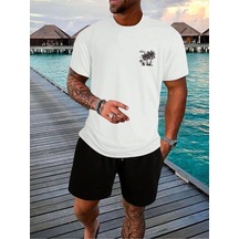 Palmiye T-shirt - Beyaz Baskılı Oversize Bisiklet Yaka Kısa Kol Tişört Beyaz