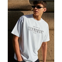 Unisex Oversize Bisiklet Yaka %100 Pamuk Whatever Baskılı Beyaz T-shirt Beyaz
