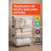 90 Lt Şeffaf Saklama Kutusu 3 Adet Kilitli Tekerlekli Depolama Düzenleme Beyaz