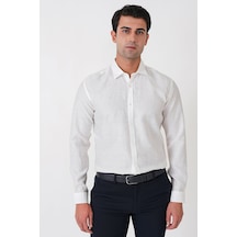 Comfort Fit Spor Yaka Kolu Katlanabilir Ekru Keten Gömlek G 1612