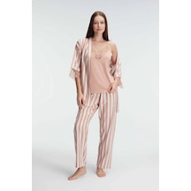 Anıl 5821 İp Askılı V Yaka Kadın Viskon Çizgili Desenli Yazlık Örme Sabahlıklı Pijama Takım Kahve