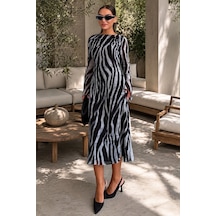 Madmext Gri Zebra Desenli Şifon Midi Elbise Mg2854