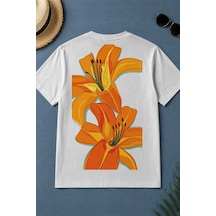 Spoyi Orange Lily Tasarımlı %100 Pamuk Yarım Oversize Beyaz T-shirt