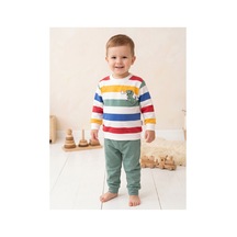 Deniva Kids Erkek Bebek Yeşil Çizgili Dinozor Nakışlı %100 Pamuk Sweatshirt Eşofman Alt Üst Takım