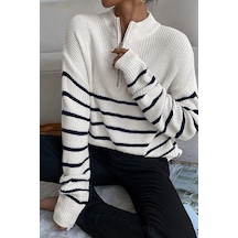 Tarz Cool Beyaz-siyah Kadın Oversize Fermuarlı Balıkçı Triko Kazak Beyaz-siyah