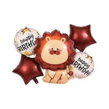 5 Li Aslan Temalı Happy Birthday Folyo Balon Seti Safari Ve Orman Konseptli Parti Süsü Kahverengi