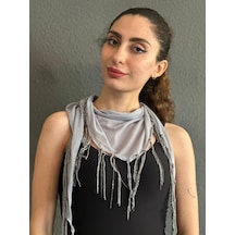 Gönülden Tasarım 150x35 Cm Zincir Püsküllü Gri Kadın Fular Şal Renkli