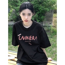 Lnmera T-shirt - Siyah Baskılı Oversize Bisiklet Yaka Kısa Kol Siyah