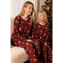 Siyah İnci Yılbaşı Temalı Desenli Termal Kumaşlı Ultra Soft Yumuşak Örme Pijama Takımı 26226904 Bordo
