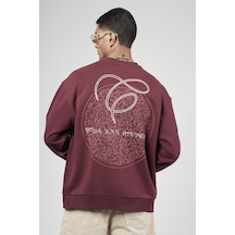 Bisiklet Yaka Baskılı Nakış Detaylı Erkek Sweatshirt Bordo