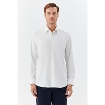 Sabri Özel Erkek Beyaz-siyah Dar Kesim Slim Fit Pamuklu Çizgili Uzun Kollu Klasik Yaka Gömlek Siyah - Beyaz