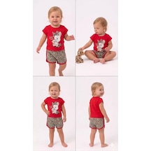 1/4 Yaş Leopar Tavşan Baskılı Çocuk Takımı Kırmızı