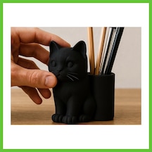 Bezos 3d Baskı Kedi Figürlü Kalemlik - Masaüstü Organizer - Siyah Dmc