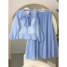 Lovie Moda Mira Yakası Bağlamalı Etekli Takım Mavi