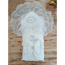 Dantelli Özel Taçlı Bebek Kundağı Unisex Bebek Dış Kundak Battaniyesi Hastane Çıkışı Hediyelik Knd45307 Ekru