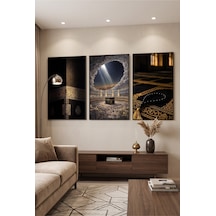 Siyah Ahşap Çerçeveli Dini Kabe Temalı Duvar Tablosu 3 Lü Set Siyah Gold İslami Desenli Modern Dekorasyon Kabartma Görünümlüdür Siyah