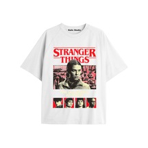 Stranger Things Baskılı Oversize Ünisex T-shirt Beyaz Turkuaz