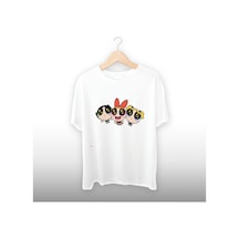 Powerpuff Girls Yıldızlı Gözler Detaylı Unisex Tişört Beyaz