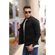 Haki Renk Çıt Çıt Düğmeli Çift Cep Kot Gömlek Siyah