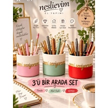 3'ü Bir Arada Renkli Masaüstü Kalemlik Seti Pembe, Mint Yeşili, Kırmızı Sevgiliye Hediye Çok Renkli