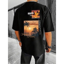 T-shirt - Summer Paradıse Baskılı Oversize Bisiklet Yaka Kısa Kol Siyah Tişört Siyah