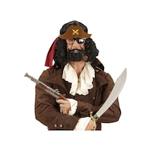 Mey İthalat Kahve Renk Şapkalı Siyah Sakallı Pipolu Jack Sparrow Denizci Korsan Gözlüğü 24x25 Cm Kahverengi