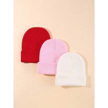 Eke Tekstil Unisex Katlamalı 3'lü Bere Seti Kırmızı - Beyaz- Pembe