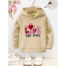 Kışlık Kapüşonlu Sweatshirt, Çocuk Love Like Jesus Baskılı Bej