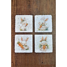Sevimli Tavşanlar Temalı Doğal Taş Bardak Altlığı - Stone Coasters Çok Renkli