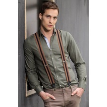 Tudors Slim Fit Uzun Kollu Düğmeli Yaka Pamuklu Kolay Ütü Düz Erkek Gömlek-13420 Haki