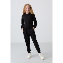 Tommylife Tommy Life Siyah Pamuklu İçi Tüylü Yumuşak Dokulu Oversize Nakışlı Kız Çocuk Eşofman Takım - 75145 Siyah