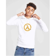 Tshirthane Half Life Logo Baskılı Unisex Çocuk Kapüşonlu Beyaz Sweatshirt Beyaz