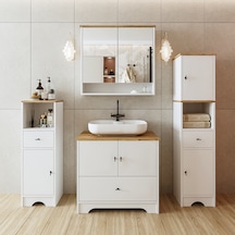 Oval Lavabolu Mdf 80 Cm Çekmeceli Banyo Dolabı Atlantik Çam - Beyaz